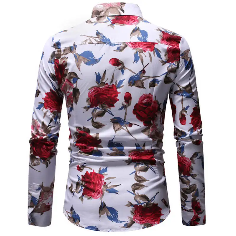 2019 الخريف جديد الأزياء الذكور قميص عارضة طويلة الأكمام زر قميص للرجال روز المطبوعة الزهور قمصان الرجال زائد حجم 3XL 23 اللون