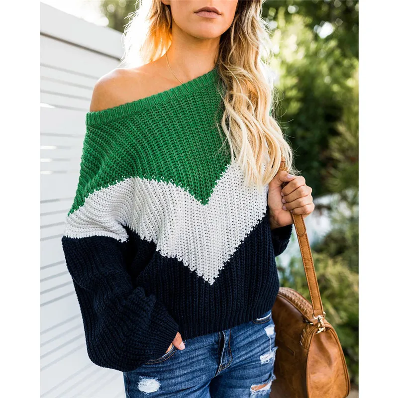 Fashion Women Sweater Color patchwork Knitted long sleeve Loose Ladies Autumn Winter Warm Tops Pullover Jumper Sweaters female | Женская