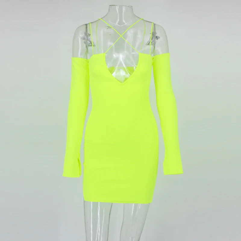 Продажа Tobinoone мини платье на бретельках, женское платье с разрезом, длинным рукавом, глубоким v образным вырезом, сексуальное облегающее платье с отк...