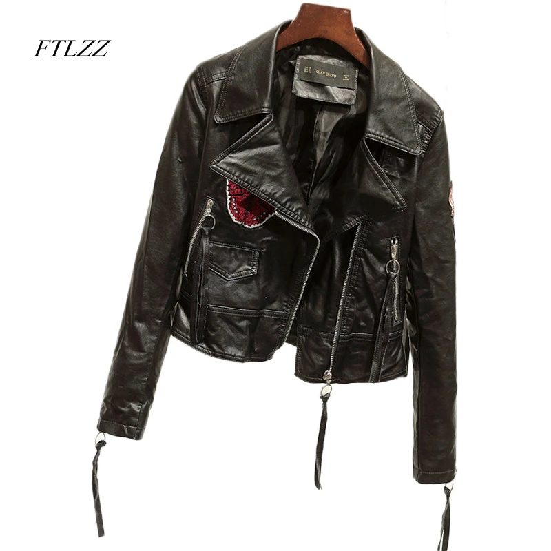

FTLZZ New Women Faux Leather Jacket Embroidery Short Design Turn-down Collar Slim Pu Coats Punk Fashion Biker Jackets