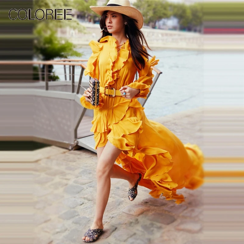 Vakantie Bohemian Strand Jurk Lente 2019 Europese Geel Ruches Lange Mouwen Onregelmatige Chiffon Maxi Jurk Designer Runway Dress Vakantie Bohemian Strand Jurk Lente 2019 Europese Geel Ruches Lange Mouwen Onregelmatige Chiffon Maxi Jurk Designer Runway Dress