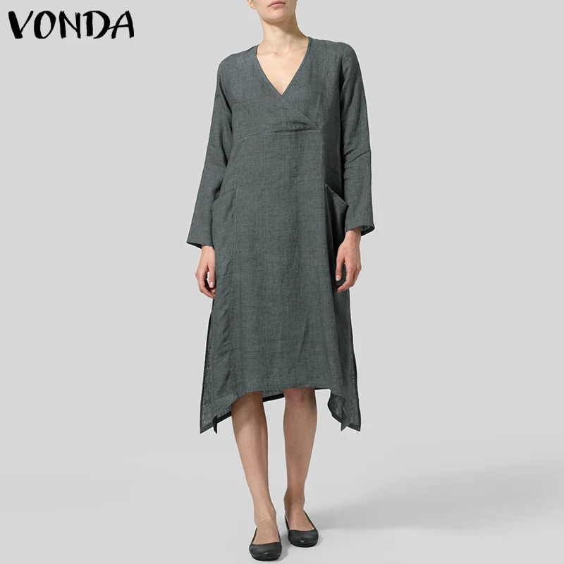 VONDA Women Vintage Dress 2019 Sexy V Neck Long Sleeve Pockets