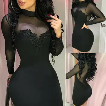 

Evening Party Dresses Women Summer Sexy Dress Long Sleeve Bandage Bodycon See through Party Mesh Spliced Short Mini Pencil Dress