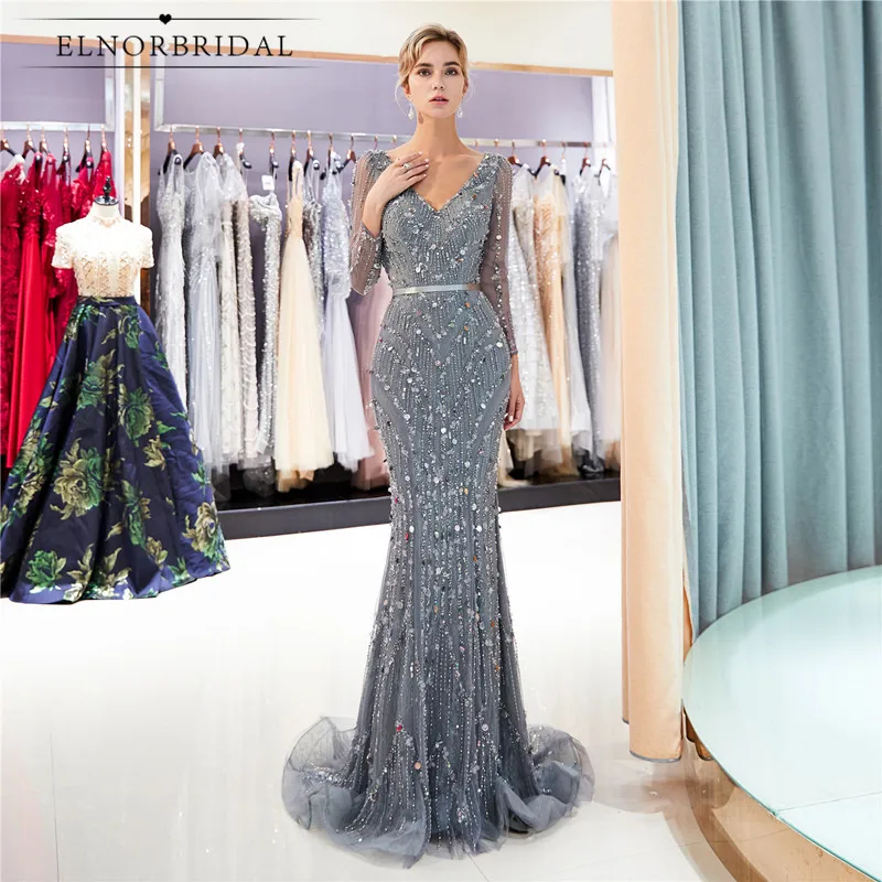 

Real Pictures Grey Mermaid Evening Dresses Long Sleeve Formal Special Occasion Dress 2018 Arabic Beading Crystal Dinner Gowns