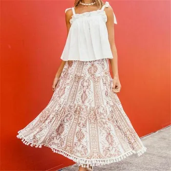 

New Women's Summer Boho Maxi Skirt Ladies' New Long Loose Skirt Pleated Sweet Beachwear Casual Floral Tassel Fashion Hot Sale