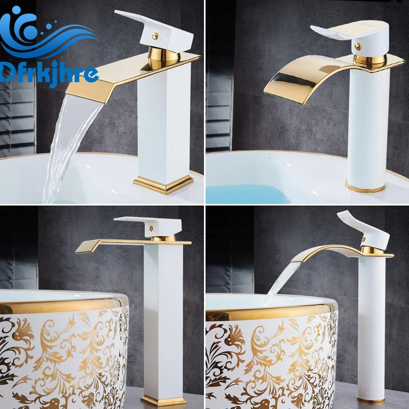 Gold Plated Bathroom Wash Basin And High Waterfall Type Faucet