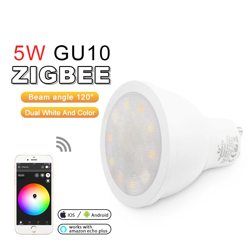 

ZIGBEE RGBCCT Spotlight,Beam angle 120 Degrees,5W GU10,APP control Dual White and Color lamp cup,dimmable,AC110-240V