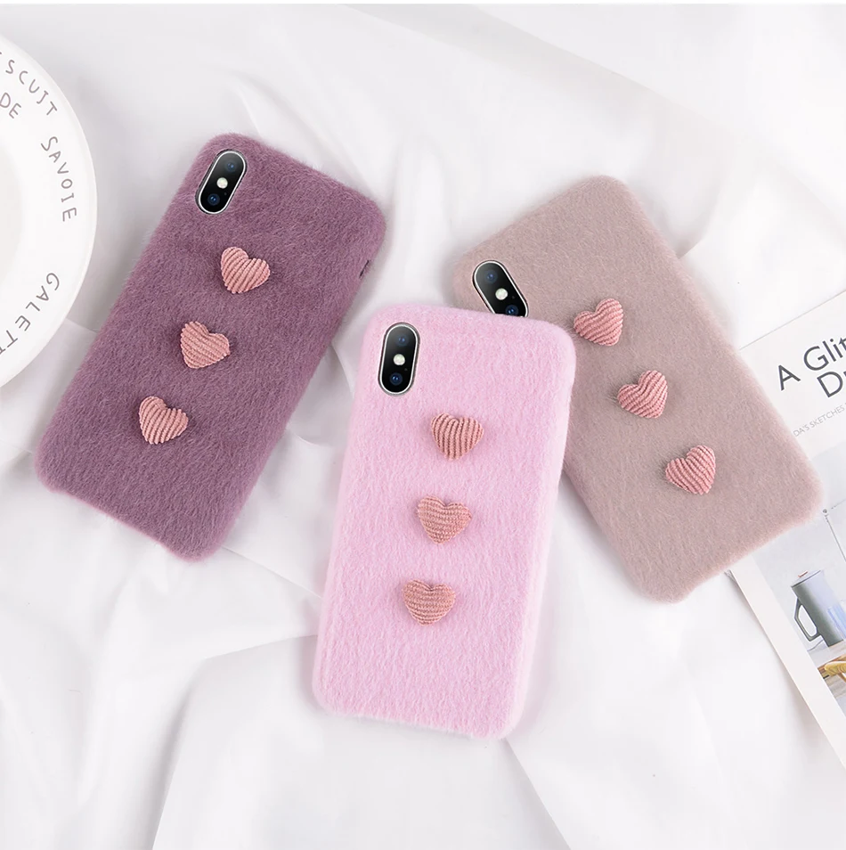

Moskado Plush 3D Love Heart Case For iPhone 6 6S 7 8 Plus X XR XS Max Case Winter Warm Fur Furry Soft PU For iPhone 7 Phone Case