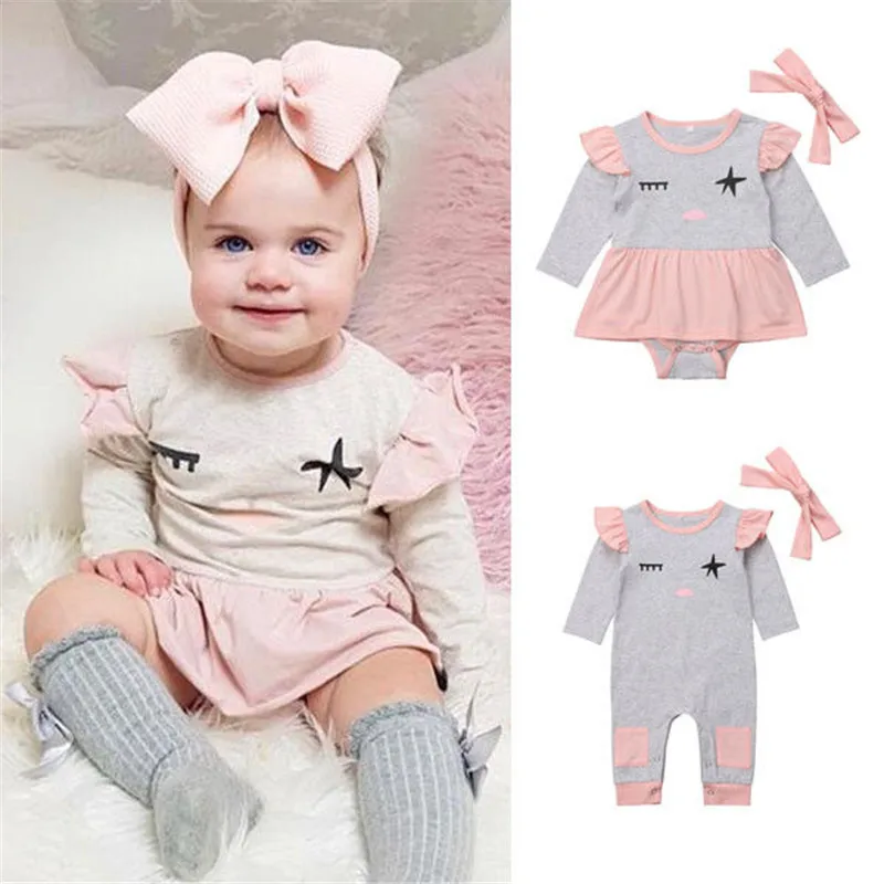 

Newborn Baby Girls Clothes Smile Print Round Neck Long Sleeve Ruffle Bodysuit Bow Headband 2pcs Kids Toddler Cotton Outfits 2019