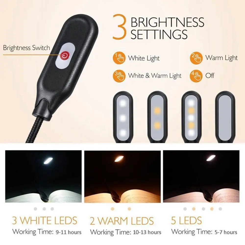 CLAITE 110LM книжный светильник USB Перезаряжаемый гибкий 1 Вт 5 светодиодный Ночной светильник с зажимом для чтения 3 режима яркости настольная лампа