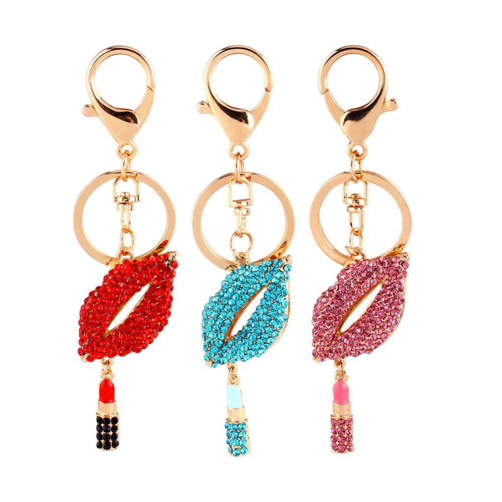 

Zerodis New Arrival Bling Design Lipstick Lip Crystal Purse Car Charm Keychain for Woman 3 Color Hot Sell Decoration Crafrs