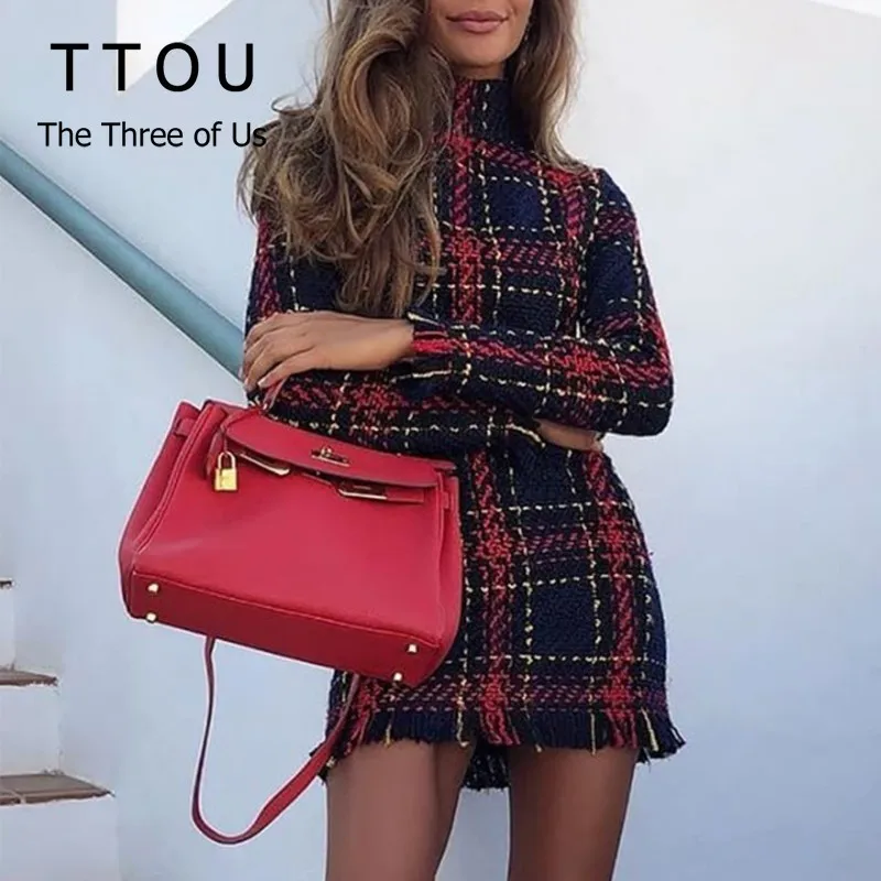 

TTOU Women Fashion Winter Dress Plaid Knitted One Piece Long Sleeve Slim Sexy Dress Mini Bodycon Vintage Vestidos Dress