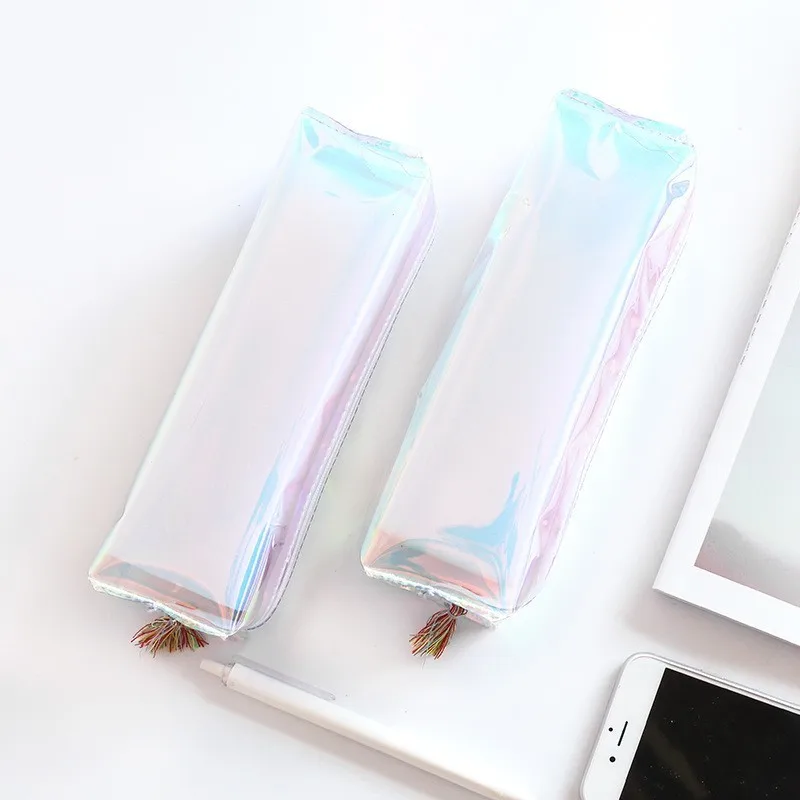 

1 PC Creative Laser Transparent Reflective Leather School Pencil Case Kawaii PVC Pencil Bag Box Pouch Case For Pens Gift 04903