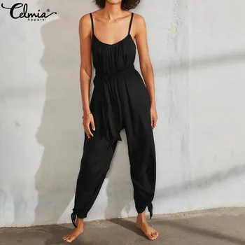 

Celmia Women Jumpsuits 2020 Summer Sleeveless Strap Long Rompers Ladies Harem Pants Casual Loose Solid Belted Plus Size Overall