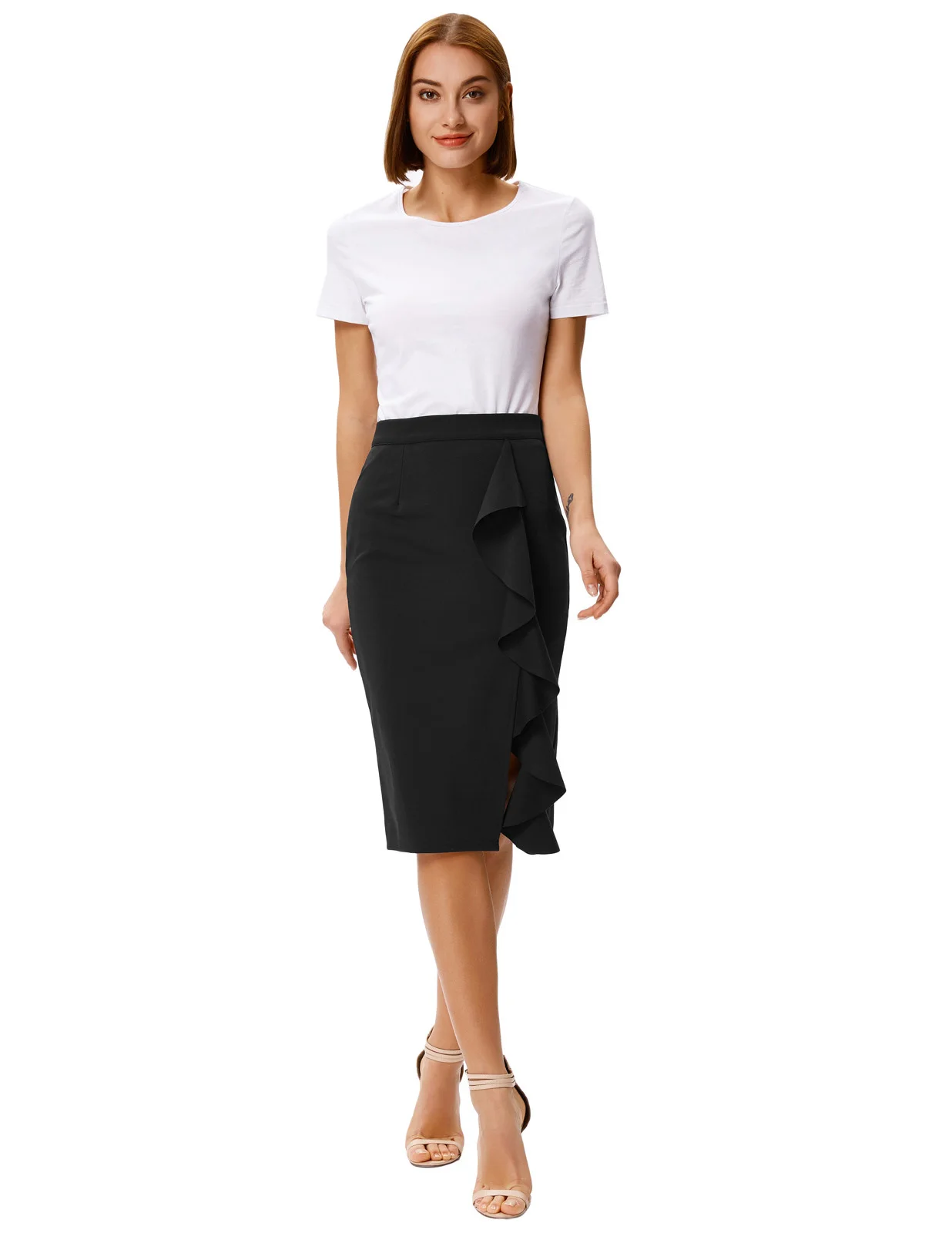 

Gk Sexy Women's Big Ruffle Decorated Split Front Hips-wrapped Pencil Skirt Split Design Concealed Zipper Business Work Skirts
