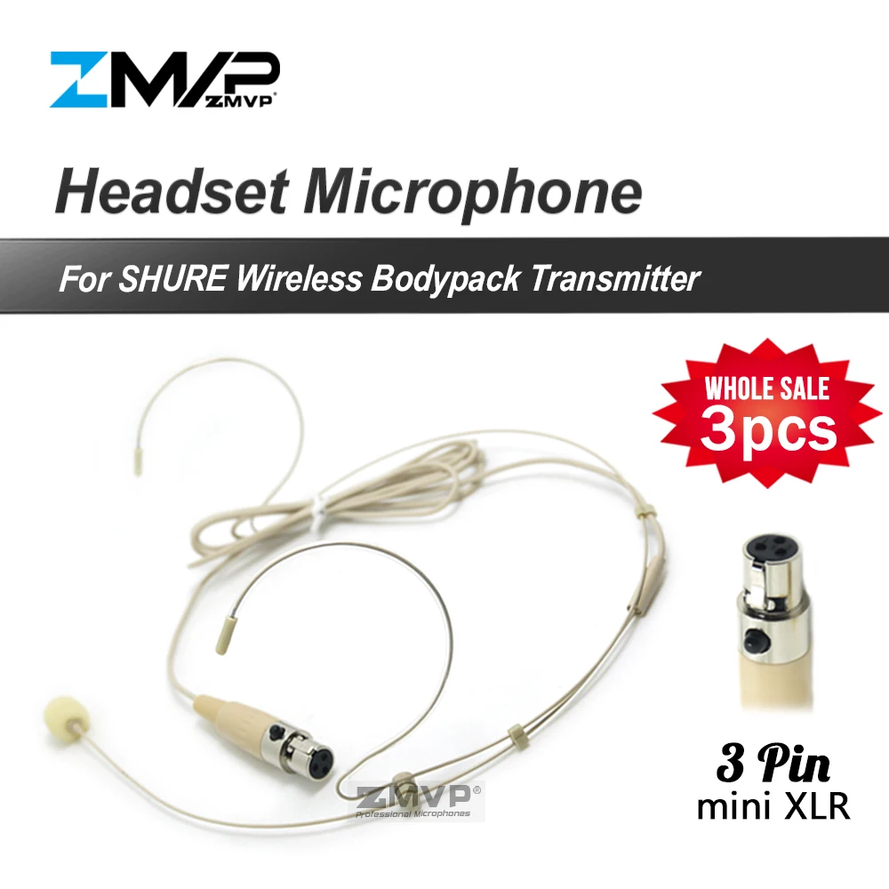 

3pcs/lot Professional 3pin XLR TA3F Headset Headworn Cardioid 3 pin Condenser Microphone For Shure Wireless Bodypack Transmitter