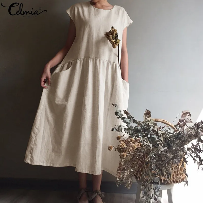 

Celmia Women Long Shirt Dress Vintage Pleated Summer Sundress 2019 Casual Short Sleeve Loose Midi Vestidos Robe Plus Size S-5XL