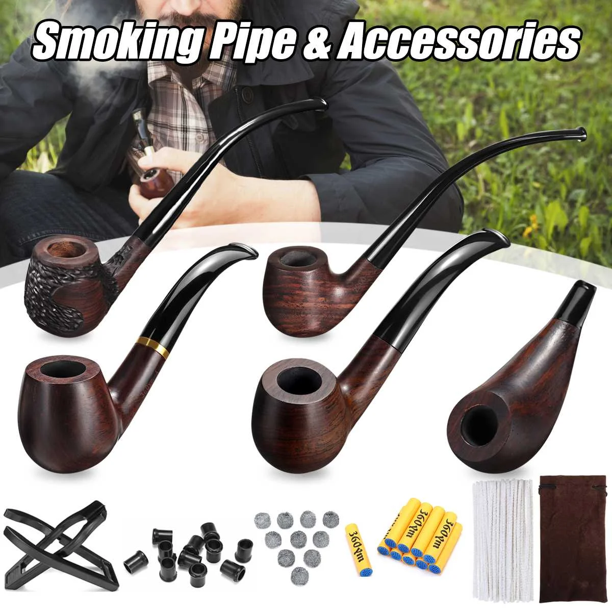 

Ebony Wooden Smoking Tobacco Pipe Handmade with Bag Cigarettes Cigar Handle Pipes Rack Filter Cleaner Screen Smoking Accessories