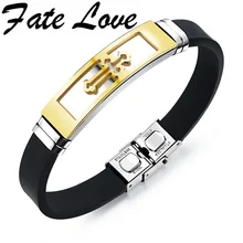 Fate Love, силиконовый браслет из нержавеющей стали с крестом, браслет для мужчин, серебряный, золотой, черный, мужской браслет, крутые ювелирные изделия 1086