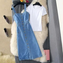 Весенне-летний женский джинсовый сарафан, синее тонкое джинсовое платье Sunspender, повседневные джинсовые платья на пуговицах, Vestidos