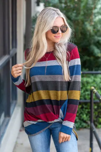 

Women Color Block Striped Long Sleeve Ladies O Neck Tunic Plus Size Tops T Shirt