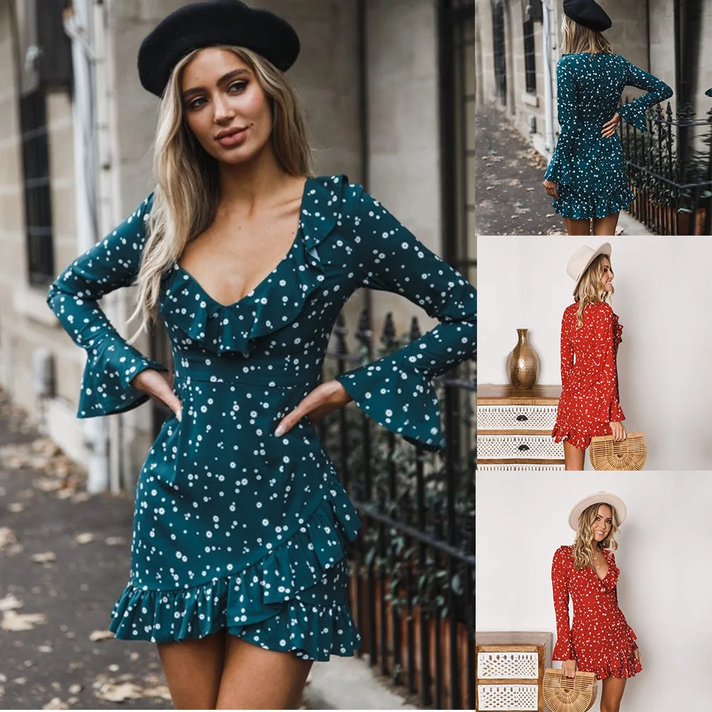 

Uguest Women Sexy Dress V Neck Flare Sleeve Ruffle Dot A-line Slim Dress Summer Spring Vestidos Vintage Casual Dresses For Women