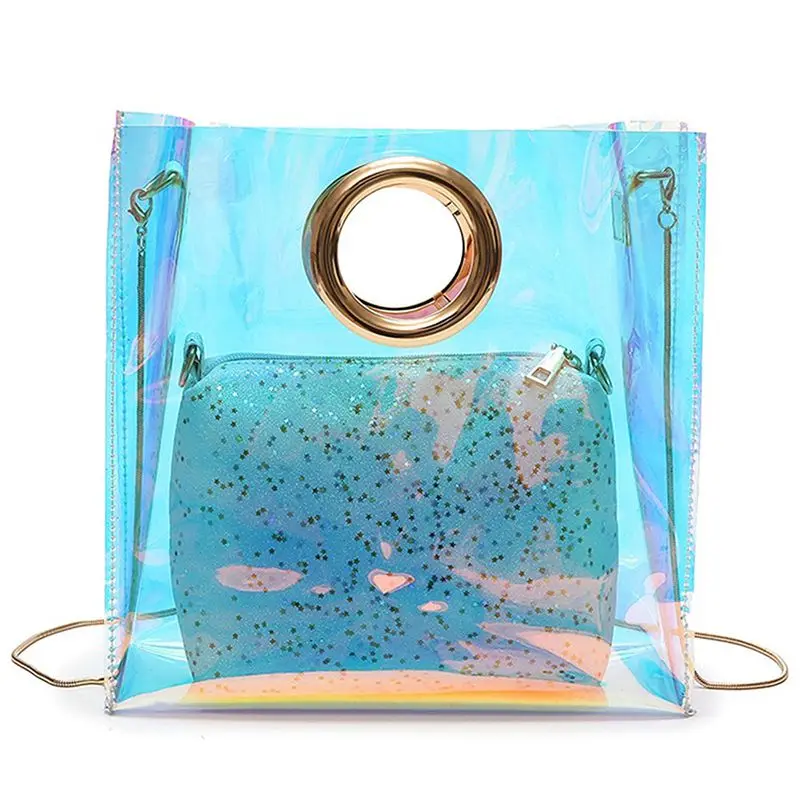 

Women Fashion Holographic-Laser-Transparent Ring Handbag Clutch Beach Bag Chain Shoulder Bag Crossbody Bag Casual Totes Messen