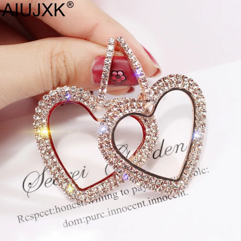 

AIUJXK Fashion Korean Style Big Heart Hoop Earrings Luxury Gold Silver Rhinestone Earing For Women Party Wedding Jewelry Gift