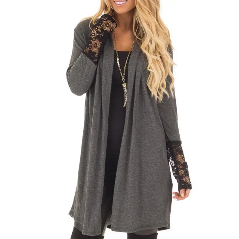 Women Cardigan Jacket Solid Thin Knit Long Sweater Outwear Lace Stitching Coat Fashion Cotton Sweater Cardigan Leisure Jacket