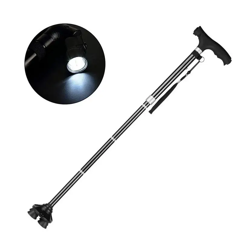 

Folding LED Light Safety Walking Stick Pivoting Trusty Base For Old Man Elder T Handlebar Trekking Poles Cane Gifts
