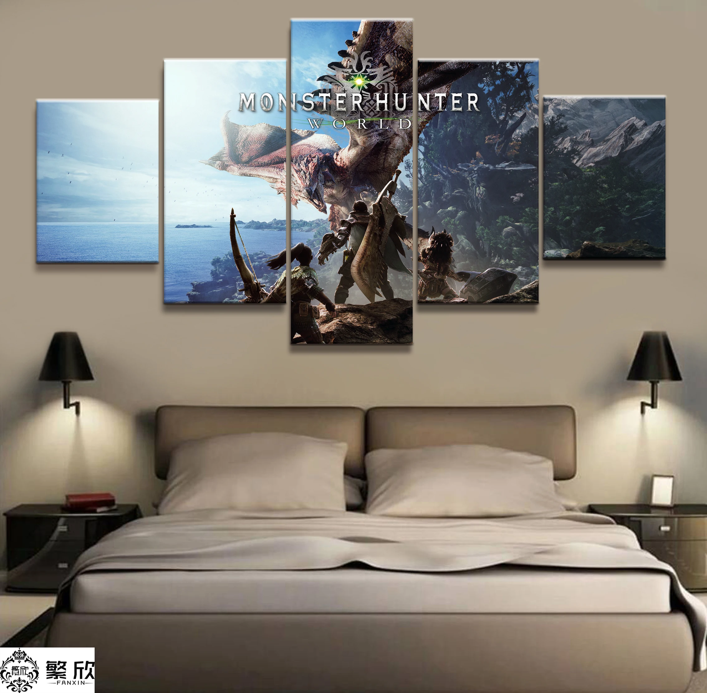 

Home Decor Modular Canvas Picture 5 Piece Monster Hunter Game Painting Poster Wall For Home Art Canvas Painting Wholesale