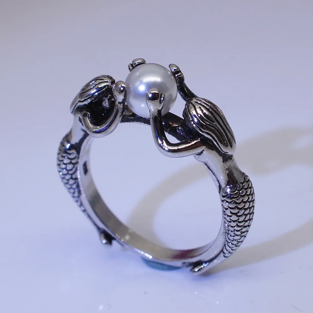 

New Mermaid Pearl Rings for Women Silver Alloy Vintage Bohemian Rings with Blue Stone Jewelry Accessories Aneis Feminino