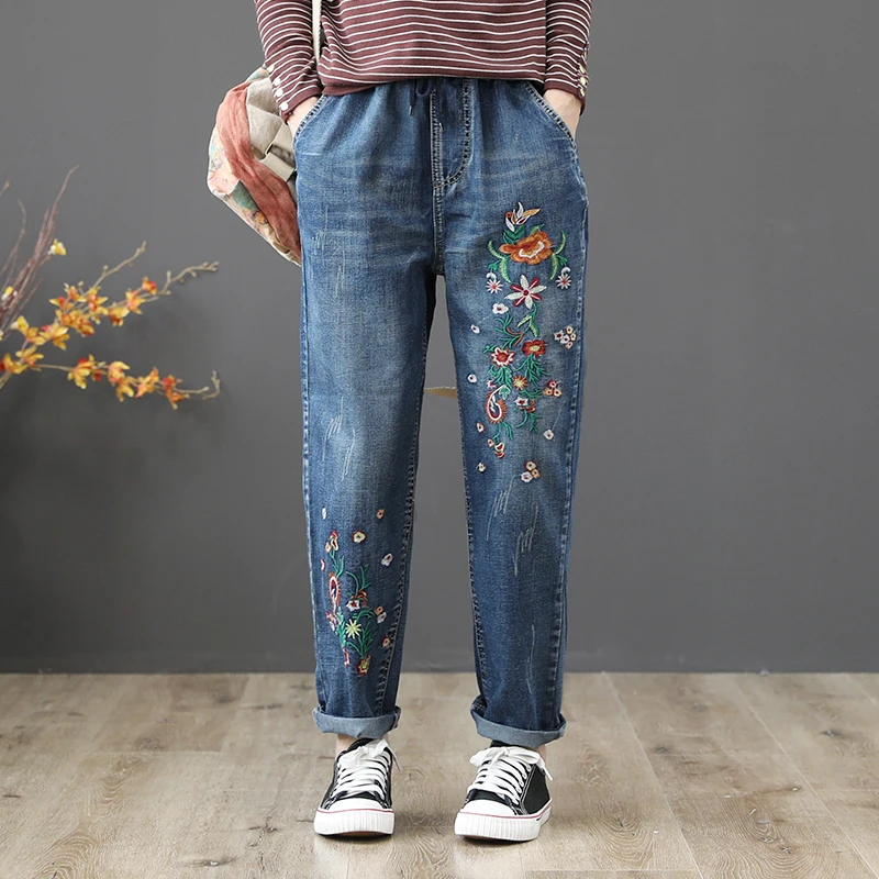 Spring Summer Jeans Women Blue High Waist Loose Floral