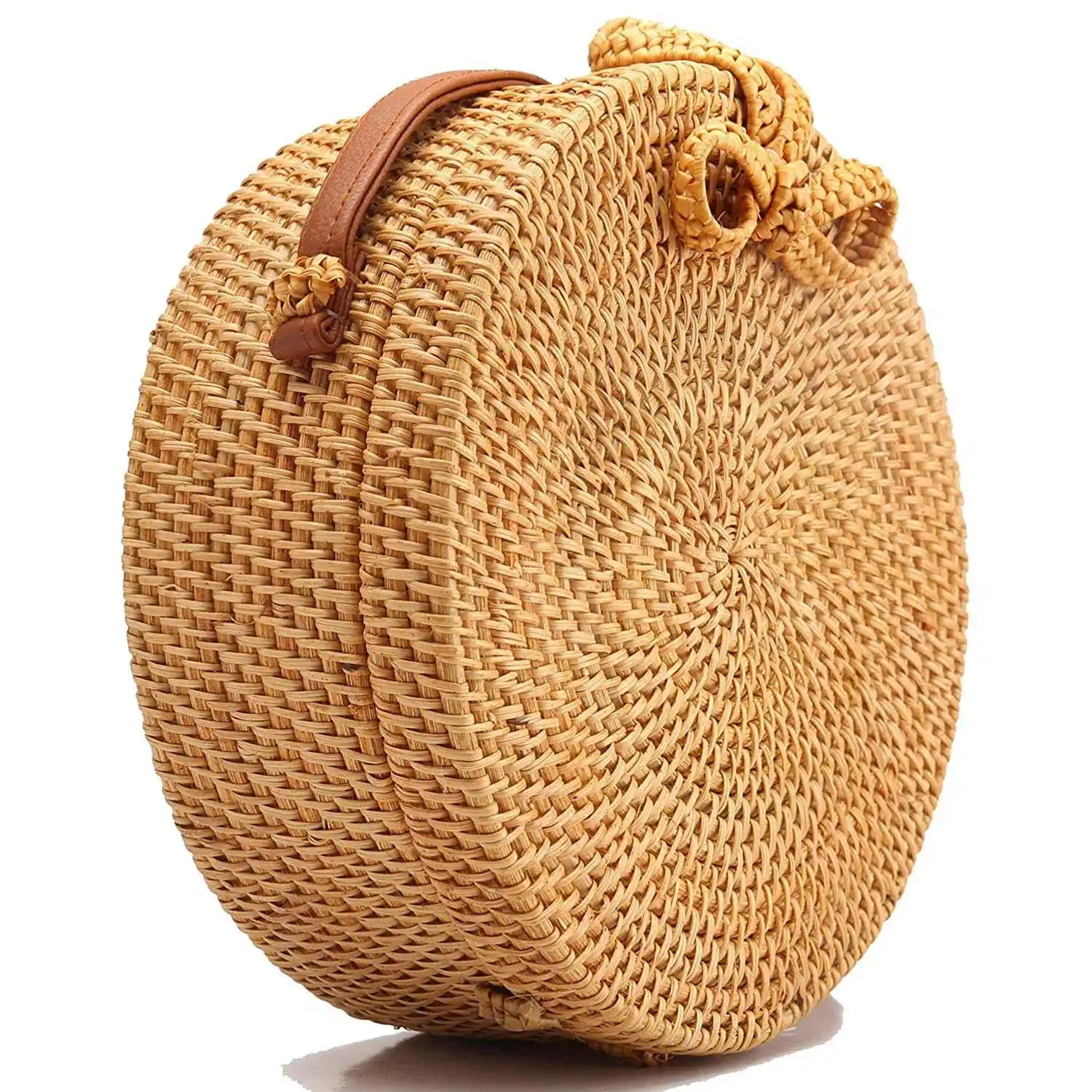 

Women Handwoven Round Rattan Bag Shoulder Leather Straps Natural Chic Handbag