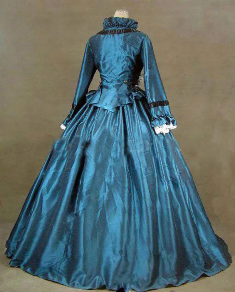 Синее сатиновое платье с длинным рукавом в готическом стиле, костюм Лолиты, бальное платье в викторианском стиле на Хэллоуин, карнавал, платья для косплея для женщин