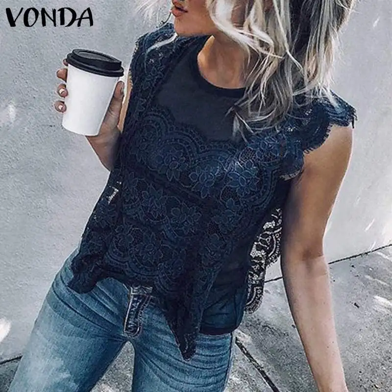 

VONDA 2019 Summer Women Blouse Lace Patchwork Tops Sexy Sleeveless Patry Beach Blusas Holiday Tunic Ladies Shirt Plus Size