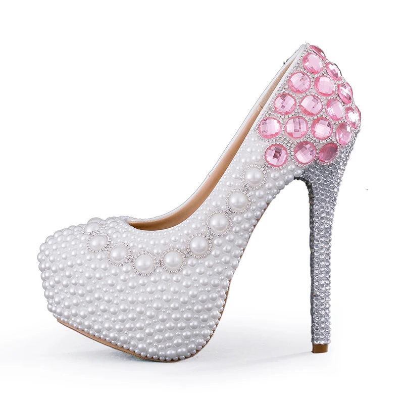 

White Pearl Wedding Party Shoes Woman High Heel Spring Shoes Pink Rhinestone Bridal Pumps 6cm/8cm/11cm/14cm Stiletto Heels