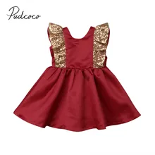 Брендовое Новое торжественное платье принцессы для маленьких девочек, платье с блестками и бантом, От 6 месяцев до 5 лет, рукав с открытой спиной, трапециевидный сарафан, оборки лепесток