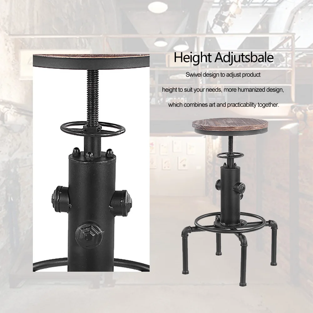 iKayaa Bar Chairs Metal Industrial Bar Stool Height Adjustable Swivel Pinewood Top Kitchen Dining Chair Pipe Style Barstool