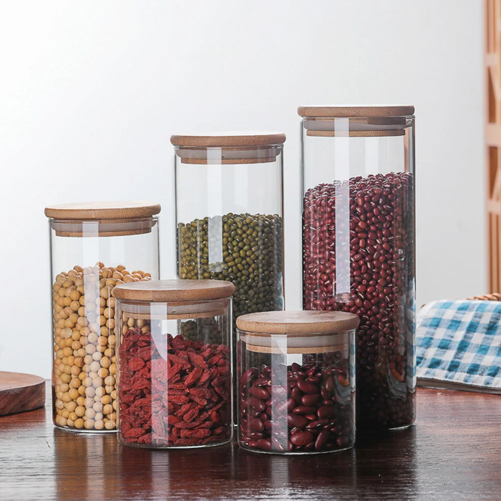 

380ml Clear Glass Jar Sealed Canister Food Storage Container for Loose Tea Coffee Bean Sugar Salt (6.5*15CM, with Bamboo Lid)