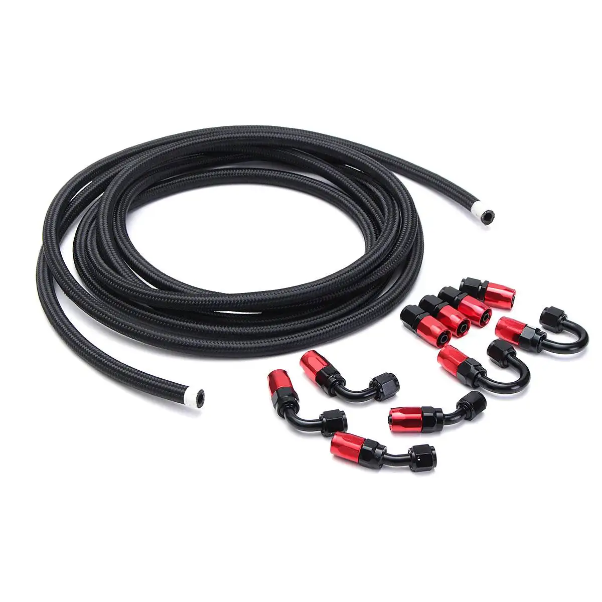 

5M AN6 Black Stainless Steel Braided Nylon Hose Fuel Pipe Oil Cooler System Adapter Kit 6AN 0/45/90/180Degree Hose End Fitting