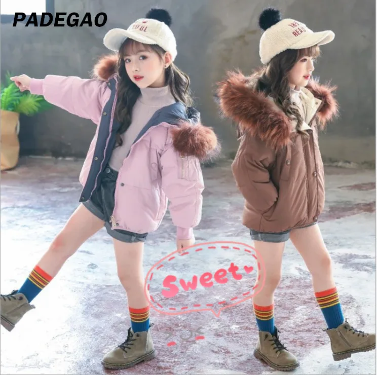 

2018 New Winter Children's Fur Collar Cotton Hooded Cotton Girls Thick Coat Girls Cotton Coat