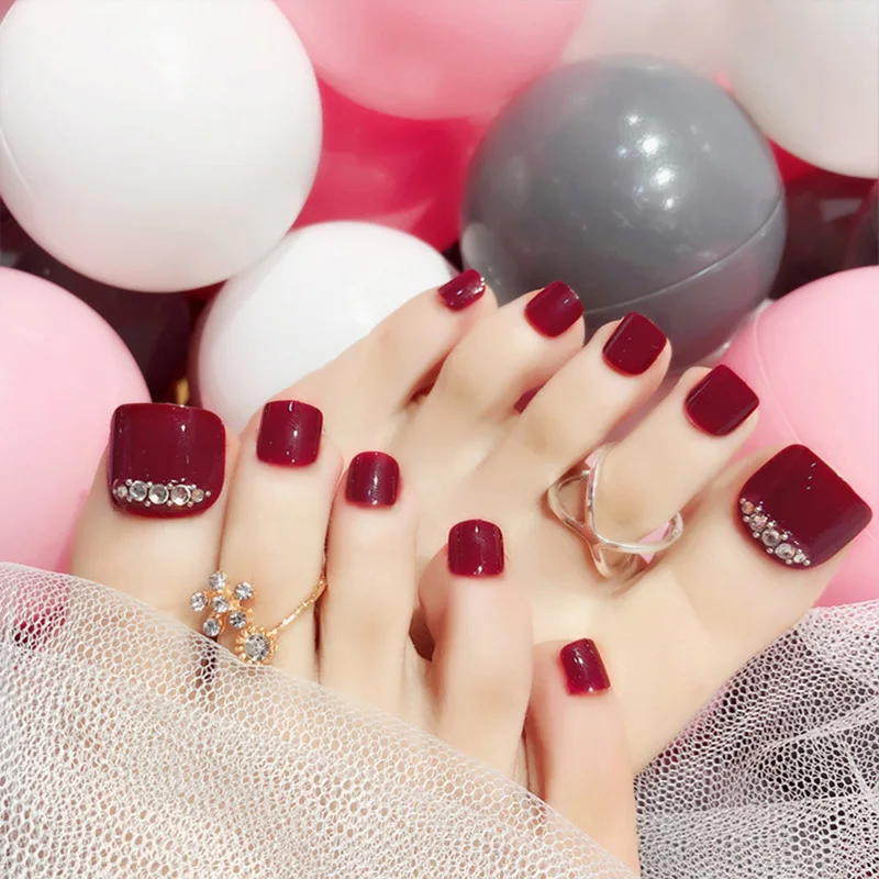 

24pcs/Set Wine Red Full Cover Toes False Nails Rhinestone Decoration Pre-design Foot Artificial Fake Nails With Glue Nail Beauty