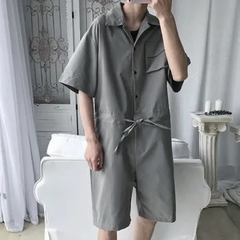 

Loose short Sleeve Jumpsuits Men Button Overalls With Pockets Autumn Coveralls Trousers Working Casual Playsuits Male D9072