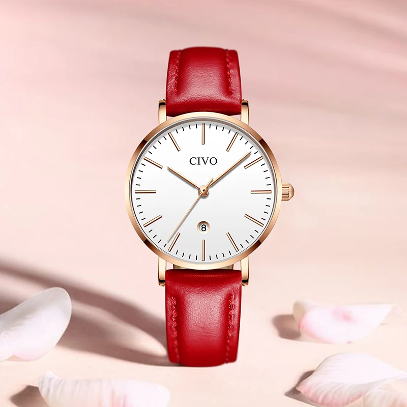 

CIVO Fashion Ultra Thin Womens Watches Top Brand Luxury Waterproof Date Ladies Watches Red Leather Strap Wristwatch Clock