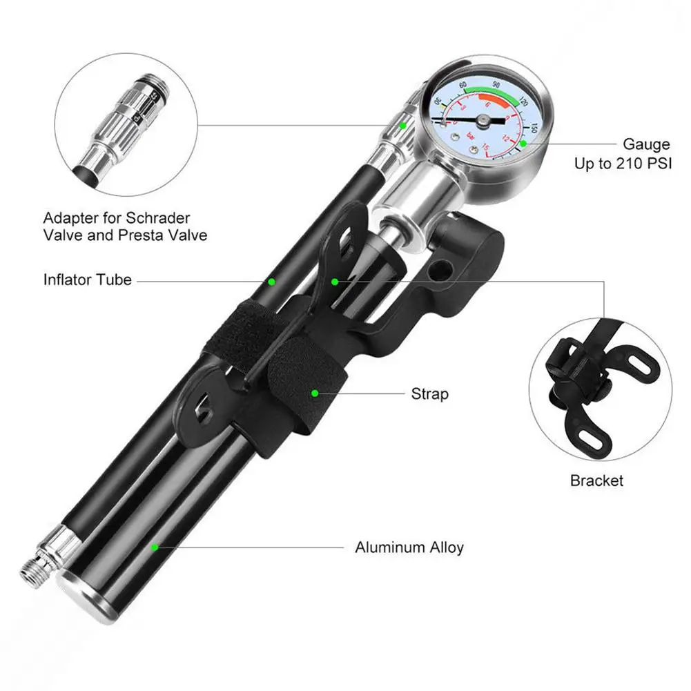 Bicycle Pump With Gauge High Pressure Meter Shock Bike Air Inflator Alloy