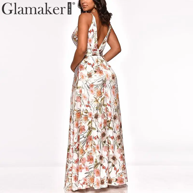 Glamaker الأزهار طباعة v الرقبة زائد حجم ماكسي اللباس المرأة bodycon السامي سبليت خمر اللباس الصيف لونغ بيتش أنيقة مثير اللباس