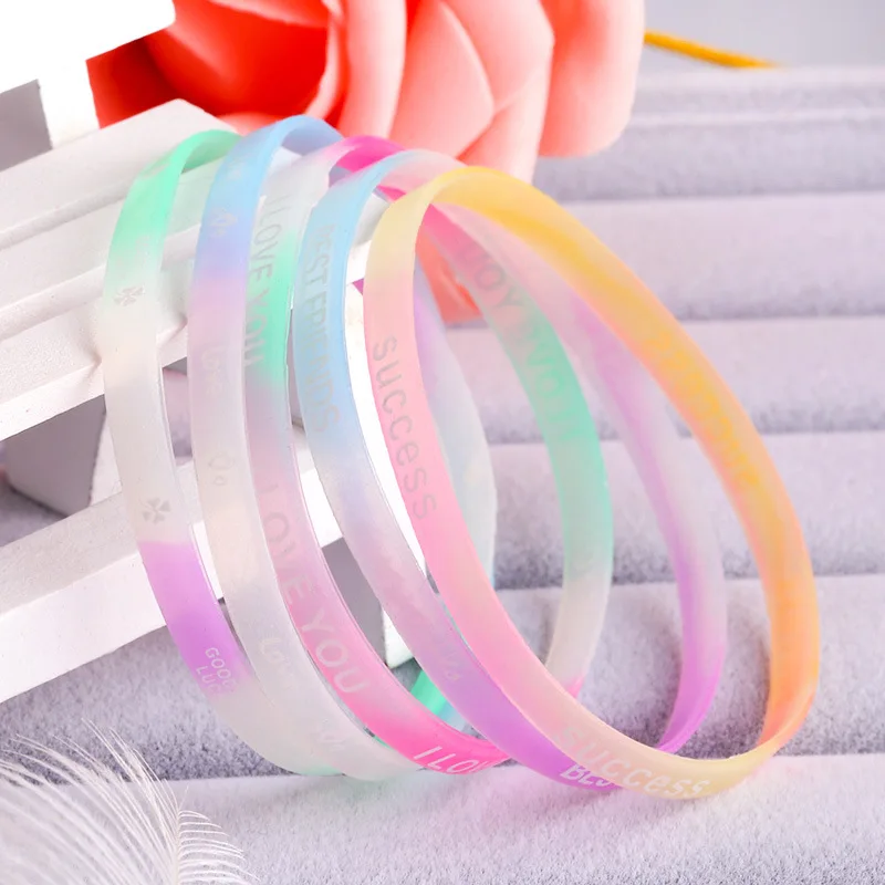 Child Luminous Silicone Bracelet Candy-Colored Letters Movement Bracelet Fashion Printing Rubber Wrist Strap 10PCS Baby Jewelry Bracelet Jewelry