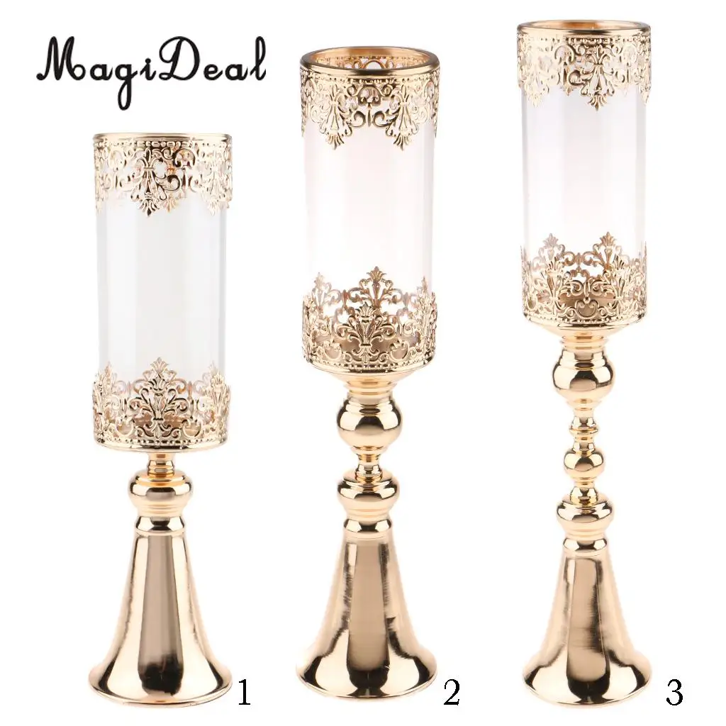 

Antique Gold Metal Pedestal Candle Holder with Glass Flower Vase Crystal Draped Pillar Stand Accent Display Ornament Gift