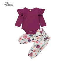 Фирменная Новинка 0-24 м Одежда для новорожденных девочек и малышей комплекты 3 шт. оборками с длинными рукавами комбинезон Футболка и штаны с цветочным принтом+ повязка на голову